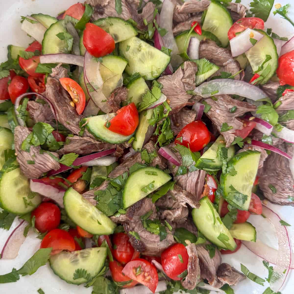 Close up photo of Thai beef salad where the tomatoes, cucumbers, onions and cilantro have been added and tossed with the steak and dressing