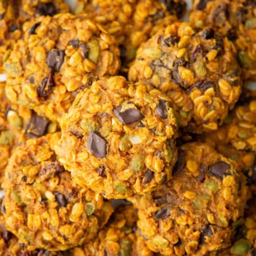 Overhead view of a stacked pile of pumpkin breakfast cookies