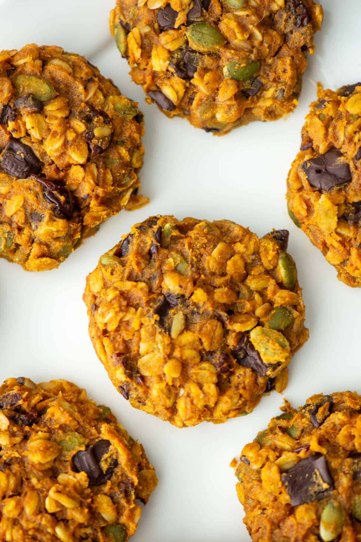Overhead view of 6 pumpkin breakfast cookies on a white plate
