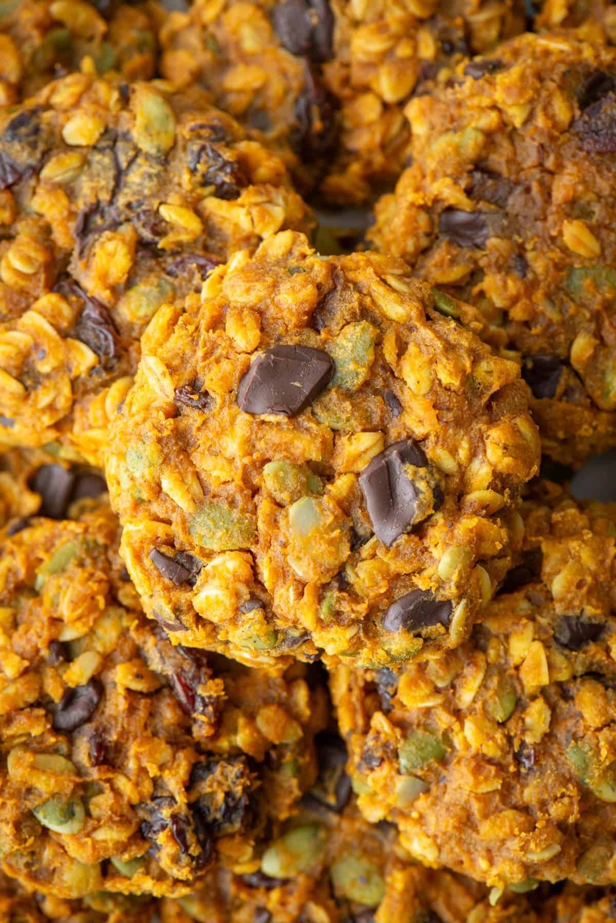 Overhead view of a stacked pile of pumpkin breakfast cookies