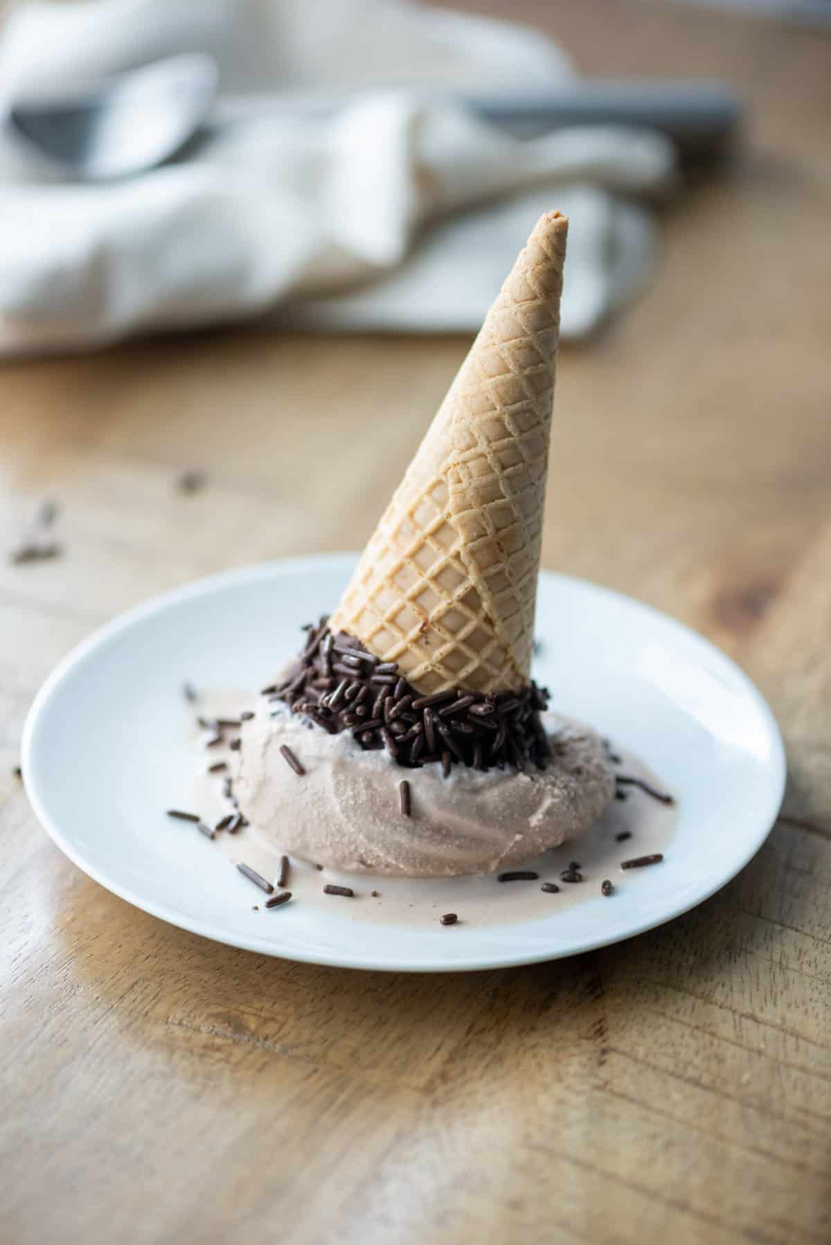 Chocolate malt ice cream upside down melting on a small dessert plate