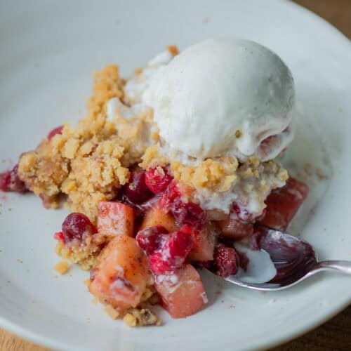 Close up of cranberry apple crumple on a plate with ice cream melting on top and a spoon sticking out of the side