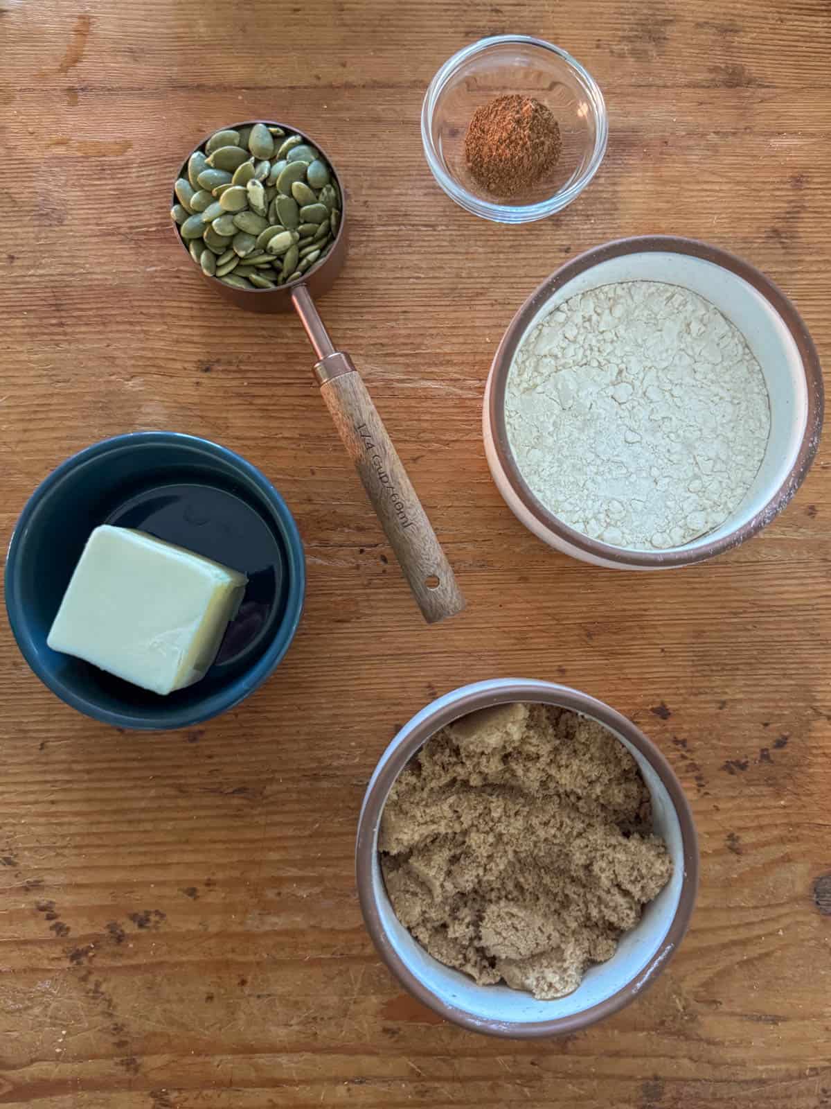 Ingredients needed for streusel topping: all-purpose flour, brown sugar, salted butter, pumpkin pie spice and green pumpkin seeds