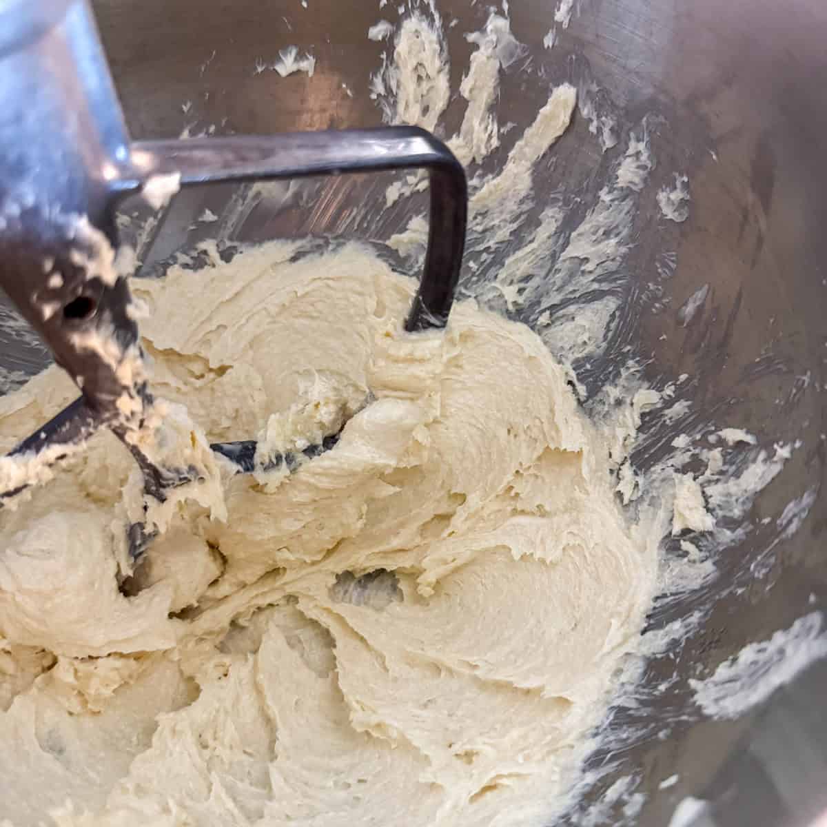 Step 1 of making dairy free shortbread cookies: cream the dairy free butter and sugar together