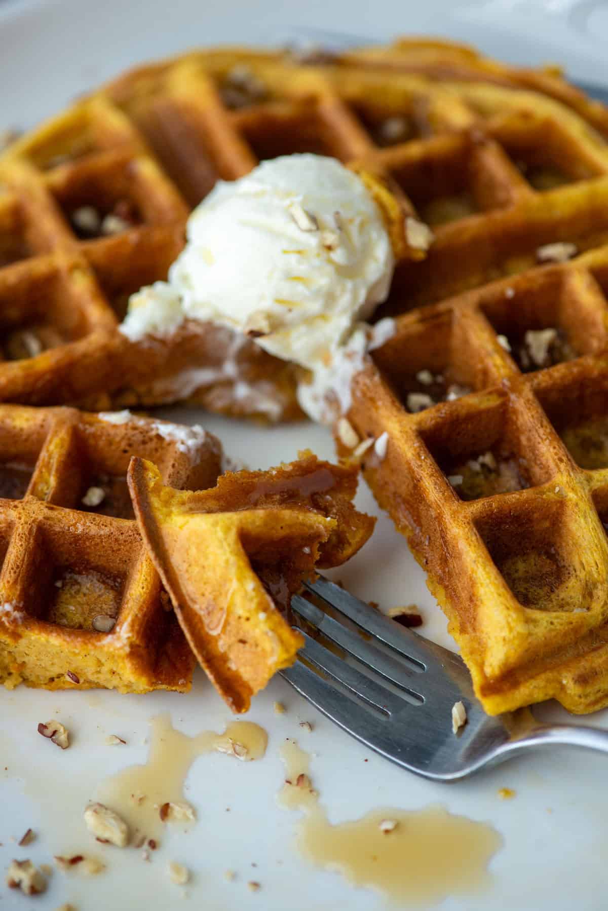 Close up photo of a pumpkin spice waffle with a section cut out and a bite on a fork. You can see syrup and chopped pecans on top of the waffle and in the foreground as well as whipped butter on top of the waffle.