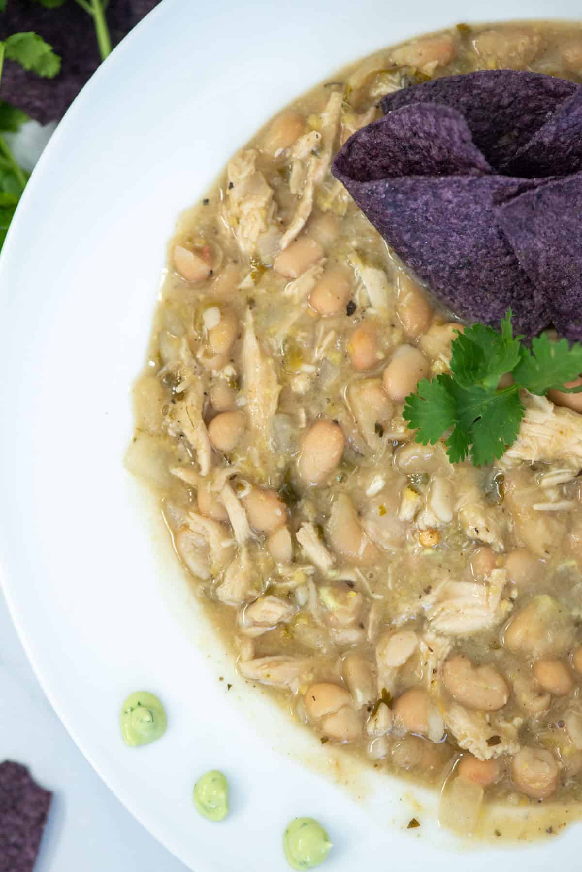 Overhead view of a partial bowl of turkey and white bean chili garnished with cilantro, some blue corn tortilla chips and dabs of avocado lime crema on the side of the bowl